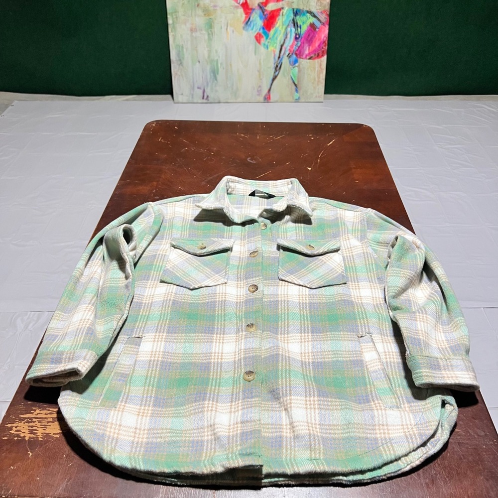 Members Mark Womens Green Plaid Shacket Button Front Shirt Jacket Large 15755